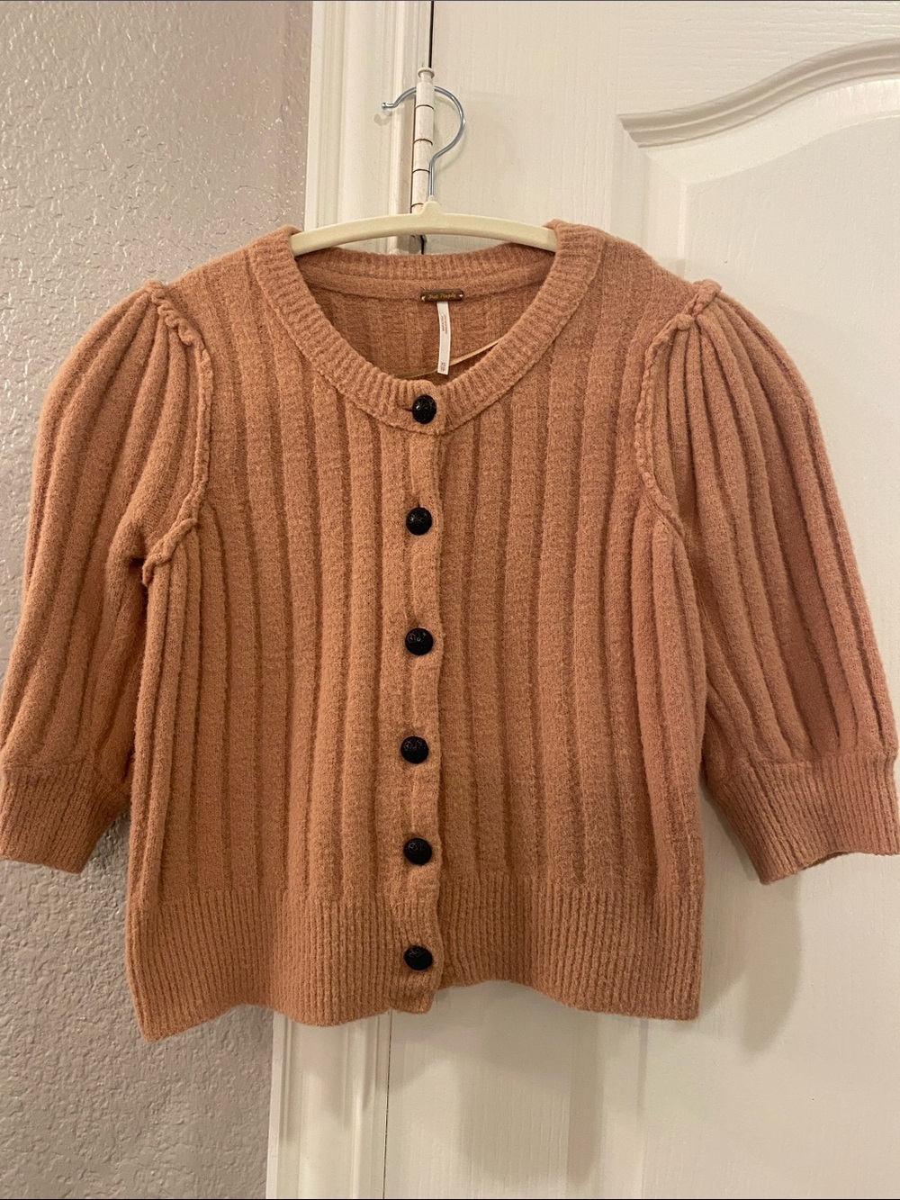 Free People Ribbed Puff Sleeve Cardigan - Mauve Pink